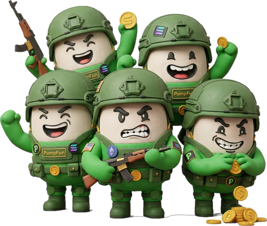 Five green soldier mascots celebrating